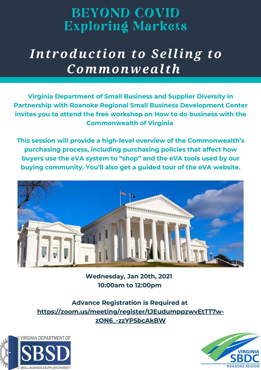 RamainGohar's tweet photo. Beyond COVID! Want to explore other markets for your product and services? Register today for our upcoming webinar on how you can do Business with the State of Virginia and eVA overview.
https://t.co/v5LTJadK2u
#SmallBusiness #SWaM #Virginia #eVA @virginiasbdc @VA_DSBSD https://t.co/VxYtiuVLix