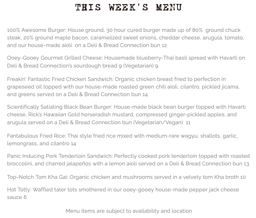 kickshaws808's tweet photo. Here's this week's menu. Come get your #Kickshawsfix We hope to see you in line... #notyourordinarytruckinfood #scienceforwardfood #sousvide #bestburger #foodie #foodtrucklife #luckywelivekauai # https://t.co/TTQN9voKJS