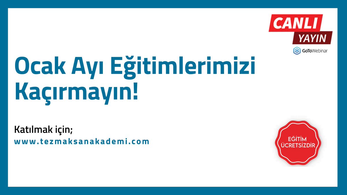 TezmaksanMakina's tweet photo. Ocak Ayı Eğitim Takvimi Yayınlandı‼️
👉https://t.co/za2YoQZEX3 adresinden eğitimlerimizi görüntüleyebilir ve eğitimlerimize kayıt olabilirsiniz.
📍Katılım ücretsizdir.
#cncegitim #tezmaksanakademi #tezmaksanegitim #ücretsizcncegitimler #talaşlıimalat #cncmakinesanayi https://t.co/dr6RbAU0yk
