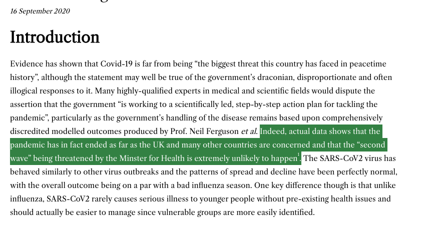 1/ On September 26th, LockdownSceptics published a seemingly uncredited article that declared that "The pandemic has ended" and that a second wave is "unlikely to happen"