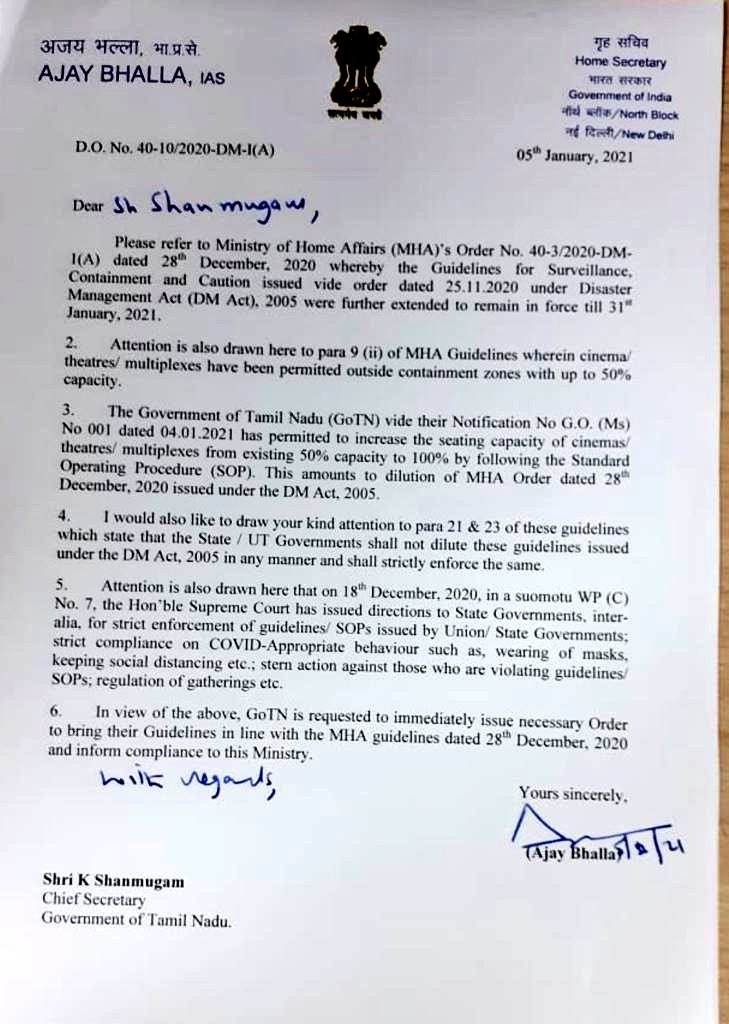 KollywoodCinima's tweet photo. #MHA tells #TN govt to revoke its orders permitting 100% occupancy in theatres!

#KollywoodCinima https://t.co/PkNtKLoYMG
