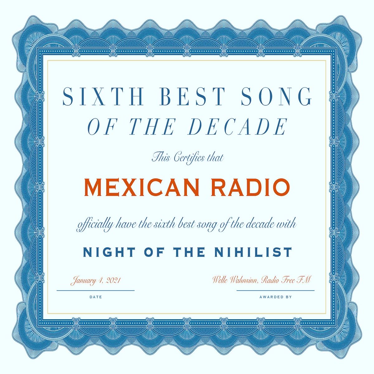 mexradband's tweet photo. 🏆 Happy New Year!!! 🏆 Our track "Night of the Nihilist" has been named BEST SONG OF 2020 and the SIXTH BEST SONG OF THE DECADE by Welle Wahnsinn on Radio free FM 🏆 How's that for a positive start to 2021? 🏆 Things are really looking up! 🏆 https://t.co/nbeHkOP6Ls