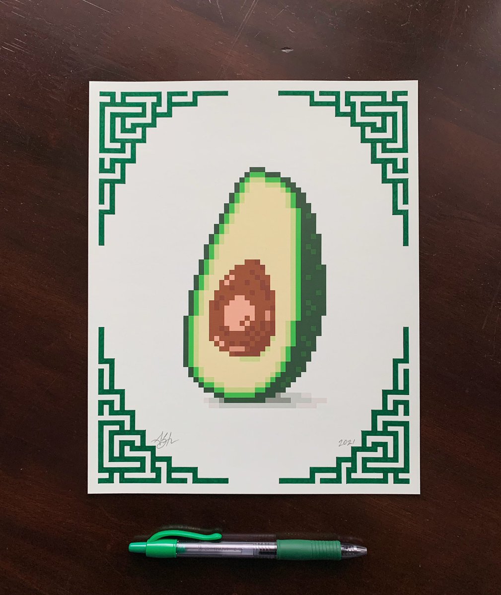 bit4brainz's tweet photo. 2nd hand-embellished print...done! Definitely a fun challenge, and something I’m glad y’all actually want to see! 2 left to go, with 1 spot still available if someone is bold enough to give me even more hours of drawing 🥴 #bitBrAiNz #pixelart #avocado #embellishment #fancyfruit https://t.co/4xxbMB6mCg