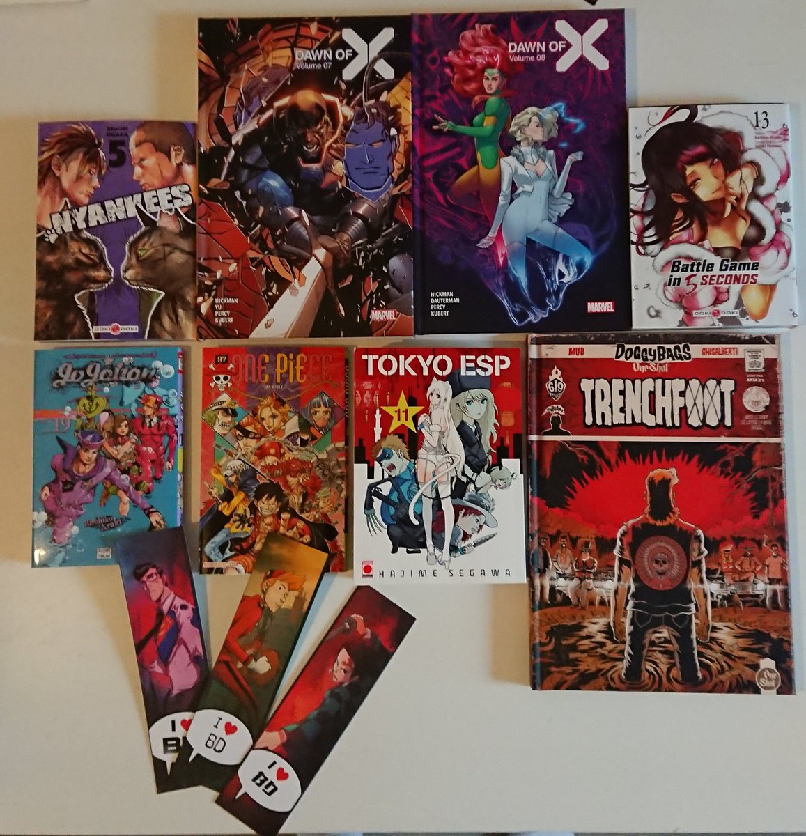 Naka_manga's tweet photo. Premières nouveautés de 2021 ! 🥳

@paninicomicsfra @PaniniManga @AnkamaEditions @label619 @Glenat_Manga @DelcourtTonkam @dokidoki_manga #DawnOfX #TokyoESP #OnePiece #Jojolion #Trenchfoot #BattleGameIn5Seconds #Nyankees https://t.co/qdZaVK7sry