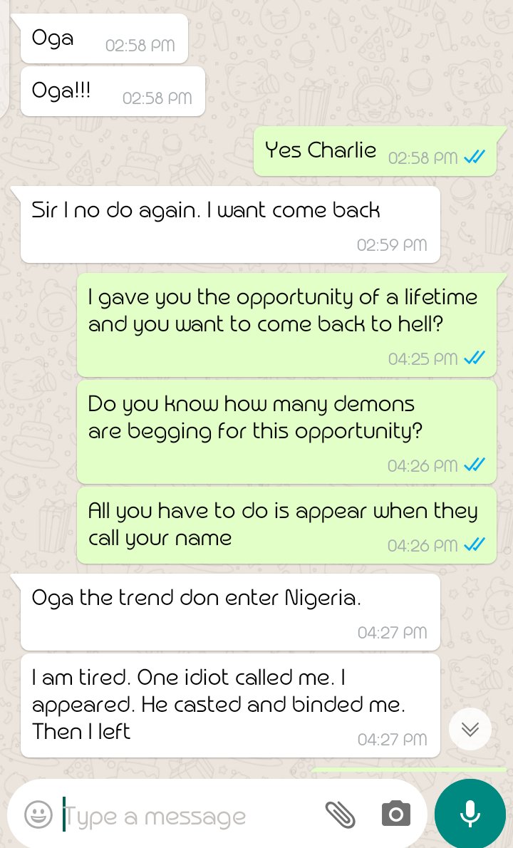 Irunnia_'s tweet photo. Leaked chat between Charlie Charlie and Devil. Baba don tire for Nigeria 😂😭 https://t.co/iEpVS8Mvxb