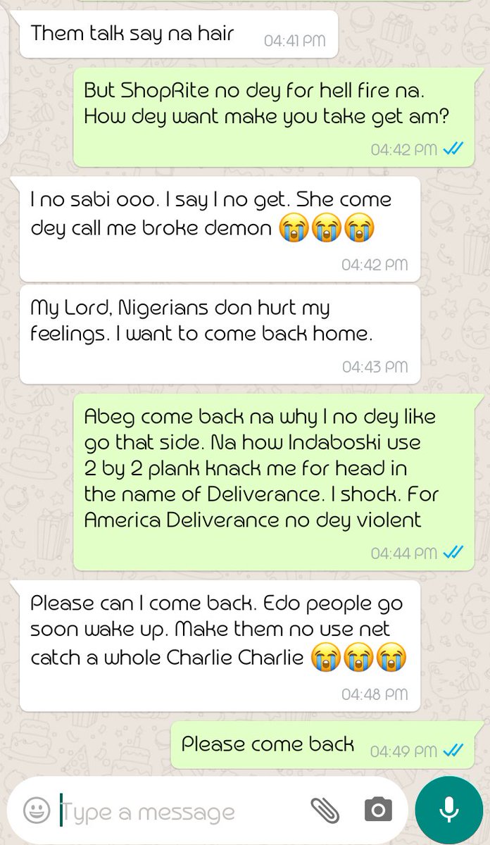 Irunnia_'s tweet photo. Leaked chat between Charlie Charlie and Devil. Baba don tire for Nigeria 😂😭 https://t.co/iEpVS8Mvxb