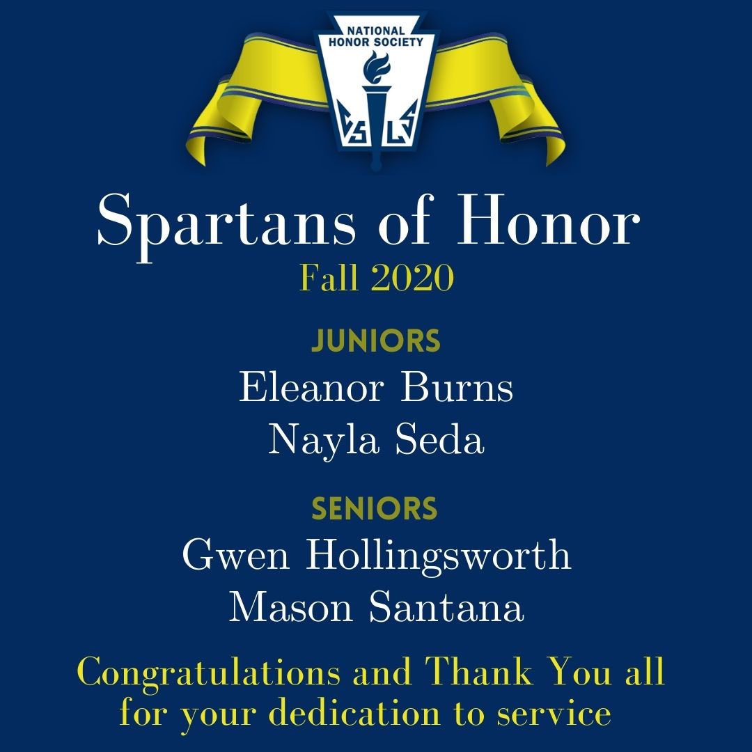 SandersonNHS's tweet photo. Congratulations to all our Spartans of Honor for Fall 2020!! Thank you all for your dedication to volunteering!! @SpartanTweets https://t.co/ZUQgt9bl3H