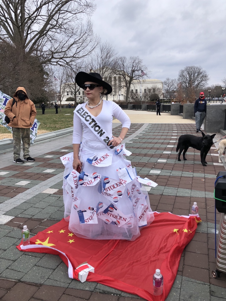 This fraud dress has been a big hit at the Trump protest. Meanwhile a man is shouting “trial by combat!”