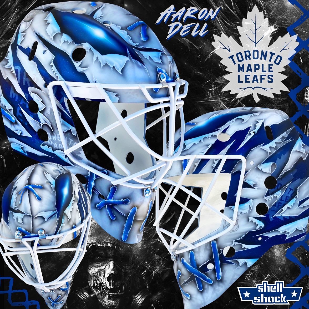 ShellShockCo's tweet photo. .@ADell32 newest chapter in his scarecrow mask featuring the unique design on his pads and packed full of @MapleLeafs logos, thank you for the opportunity man! #shellshock https://t.co/Xdd4KQQPrw