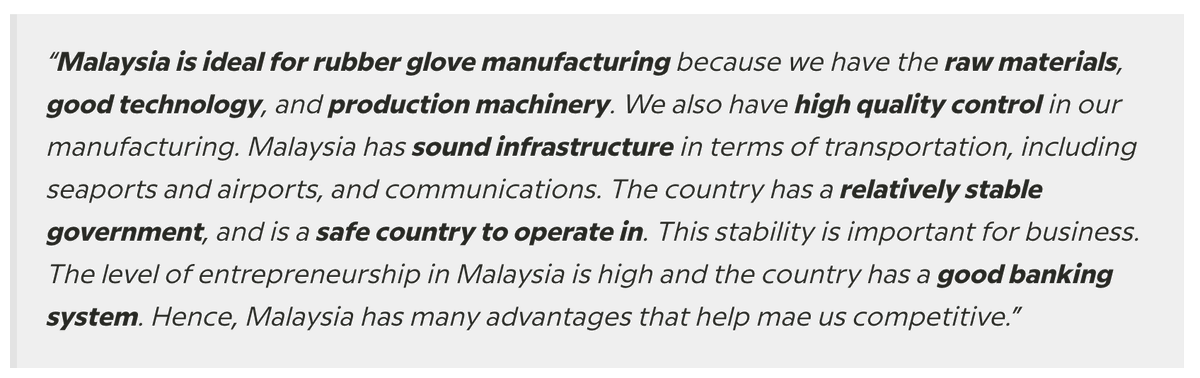 4/ Malaysia = Rubber Glove ParadiseMalaysia produces 46% of the world’s total rubber supply and leads the world in rubber product manufacturing.Chai explains the inherent benefits in a 2017 interview (see below):