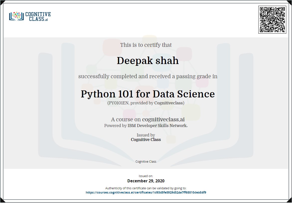 Deepak_Shah_'s tweet photo. I have completed the course that is called Python101 for Data Science. @IBM @CognitiveClass #DataScience #Learn #Python #LearningAndDevelopment #skills https://t.co/IMbnqQwuq0