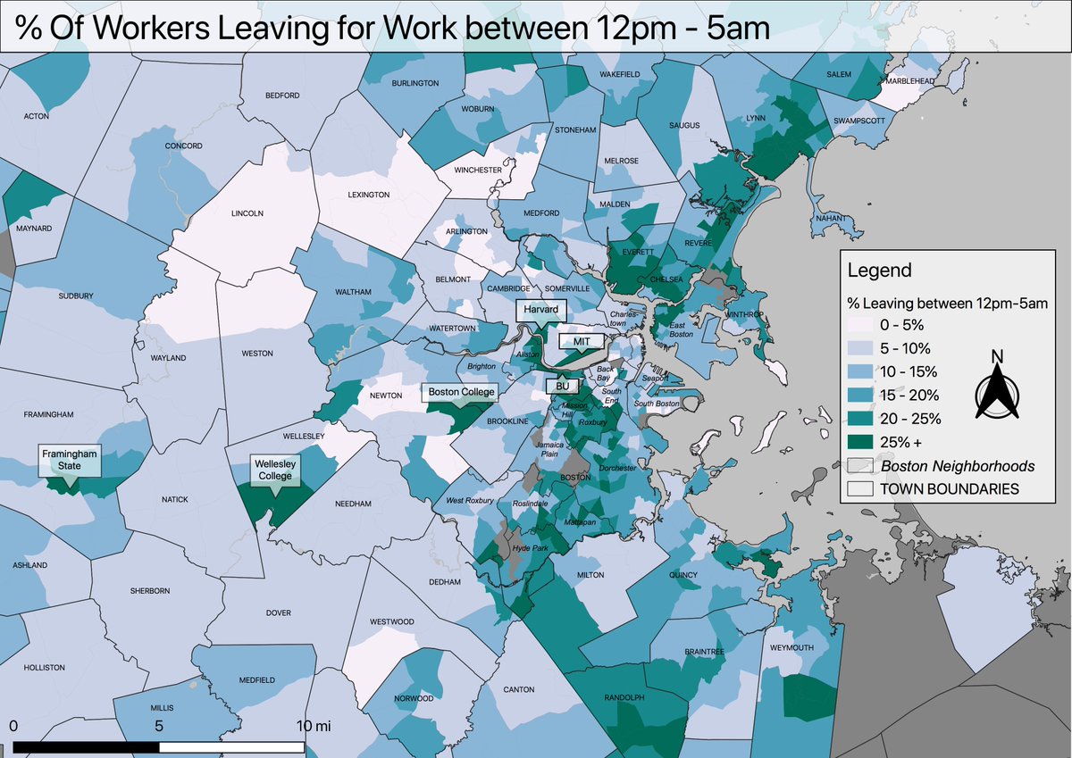 Do you leave for work outside the hours of 5am-noon? If you do and commute on public transit, you'll know how frustrating the lack of off-peak service can be. According to census data, here is where these commuters in Greater Boston live. (a short thread)