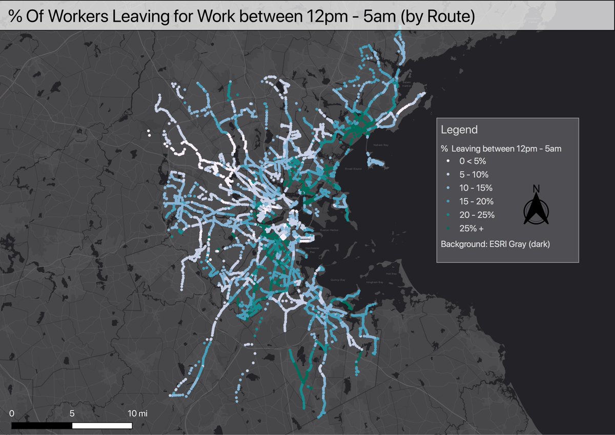 I joined each bus stop to the census tract it was located in, and averaged the stops to produce a value for each route. Here, you can see the routes which service the towns and neighborhoods that have the highest % of people leaving for work between 12pm-5am.