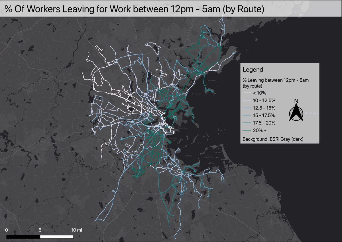 I joined each bus stop to the census tract it was located in, and averaged the stops to produce a value for each route. Here, you can see the routes which service the towns and neighborhoods that have the highest % of people leaving for work between 12pm-5am.