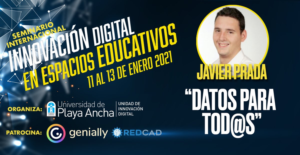 Experto en Learning Analitycs, <a href="/javiprada1/">Javier Prada</a> presentará "Datos para Tod@s" el aprendizaje con datos de 0-100 #SIIEE2021 Info: upla.cl/innovaciondigi…
Inscripción: bit.ly/3b1PPXT
Patrocina: <a href="/genially_es/">Genially (Español)</a> y <a href="/redcadchile/">Red de Centros de Apoyo a la Docencia</a>
<a href="/Mineduc/">Ministerio de Educación</a> <a href="/CeroCompetencia/">CompetenciaDigitalCero</a> <a href="/igrezan/">grezan</a>