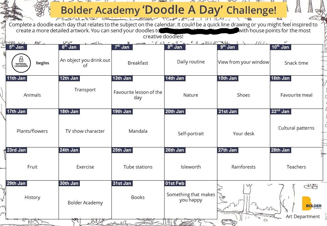 'Doodle a Day' Challenge!
 Only just launched this but already inspired by how many pupils are picking up a pencil for a doodle. A great opportunity for self-expression so put down the TV remote and put your pen to work! <a href="/bolderlondon/">Bolder Academy</a> 
#doodleaday #mentalhealth #onlinelearning