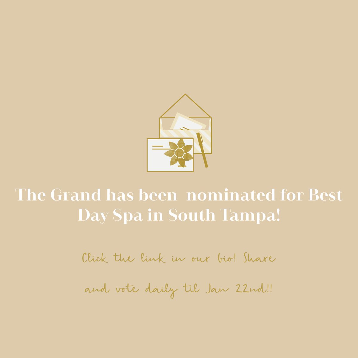 GrandBeautySpa's tweet photo. The Grand Beauty spa has been nominated for the Best Day Spa in South Tampa! Help us win by voting for us... All you have to do is click the link in our bio!

#bestdayspa #tampamagazine #thegrandbeautyspa https://t.co/s1pfYthOg9
