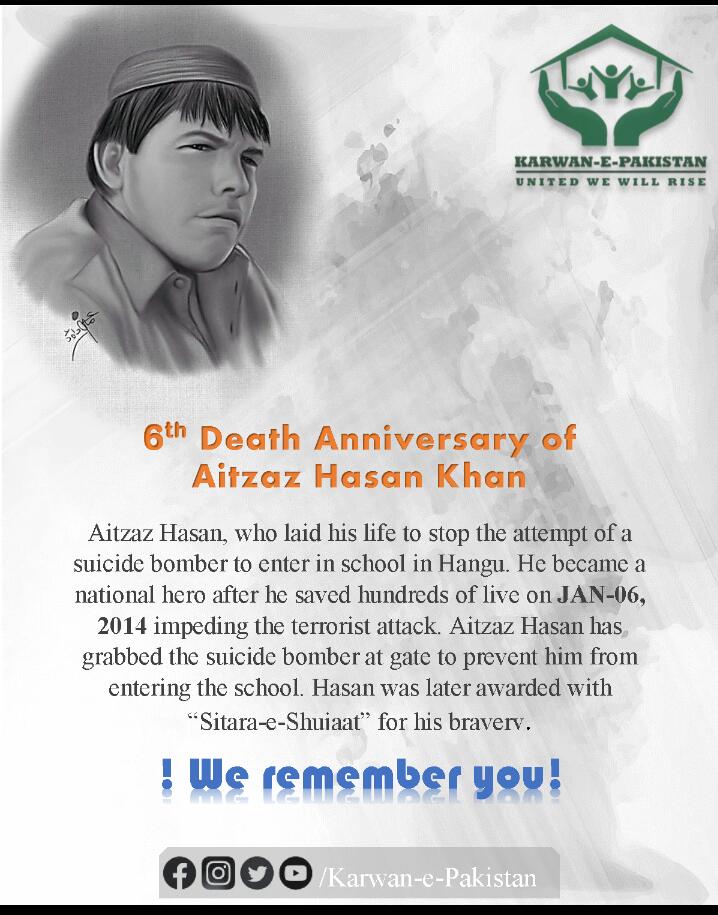 KarwanePakistan's tweet photo. 15 years old student "Aitazaz Hasan Khan" become a national hero 
 on 6 January 2014 while preventing a suicide bomber from entering the school at Hangu village. More than 2,000 students were attending classes at the time of the incident.
Salute from #KEP_Team https://t.co/gCv5bG6QB5