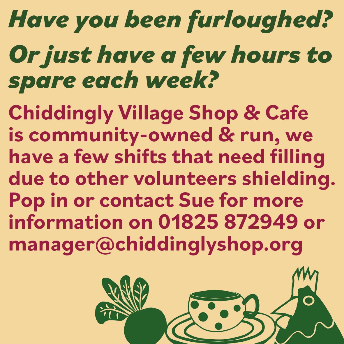 ChiddinglyShop's tweet photo. We’d love you to join our team of fantastic volunteers! Pop in and say hello to find out more.

#supportyourcommunity #volunteerinsussex #chiddinglycommunity #chiddingly #timetospare https://t.co/YICnxzd5Mg
