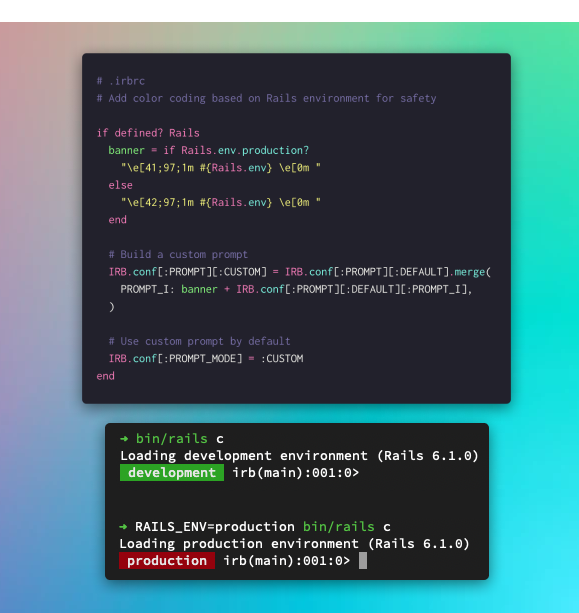 _swanson's tweet image. ⚡️ Add this `.irbrc` file and your Rails console will show a colorized banner with the environment
Never accidentally run something in a production-connected Rails console again!