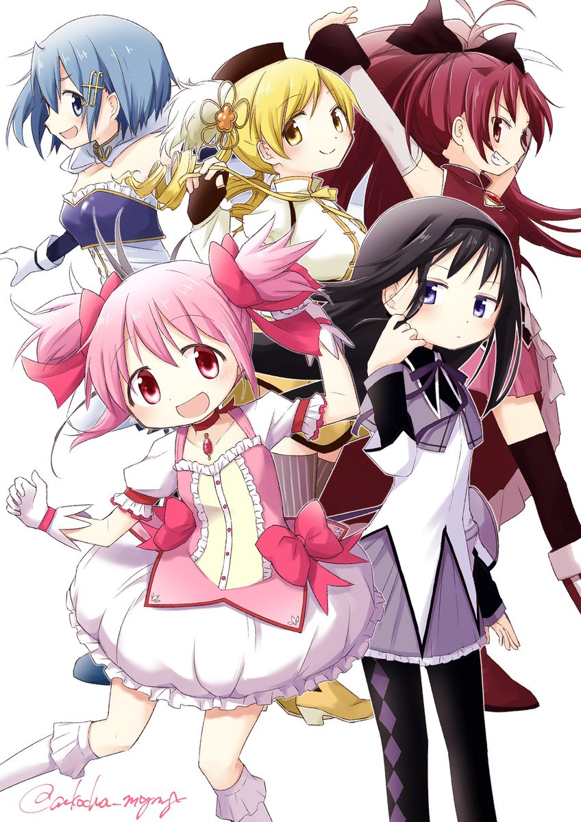 akemi homura ,kaname madoka ,miki sayaka ,sakura kyouko ,tomoe mami multiple girls 5girls fortissimo pink hair blonde hair blue hair red hair  illustration images