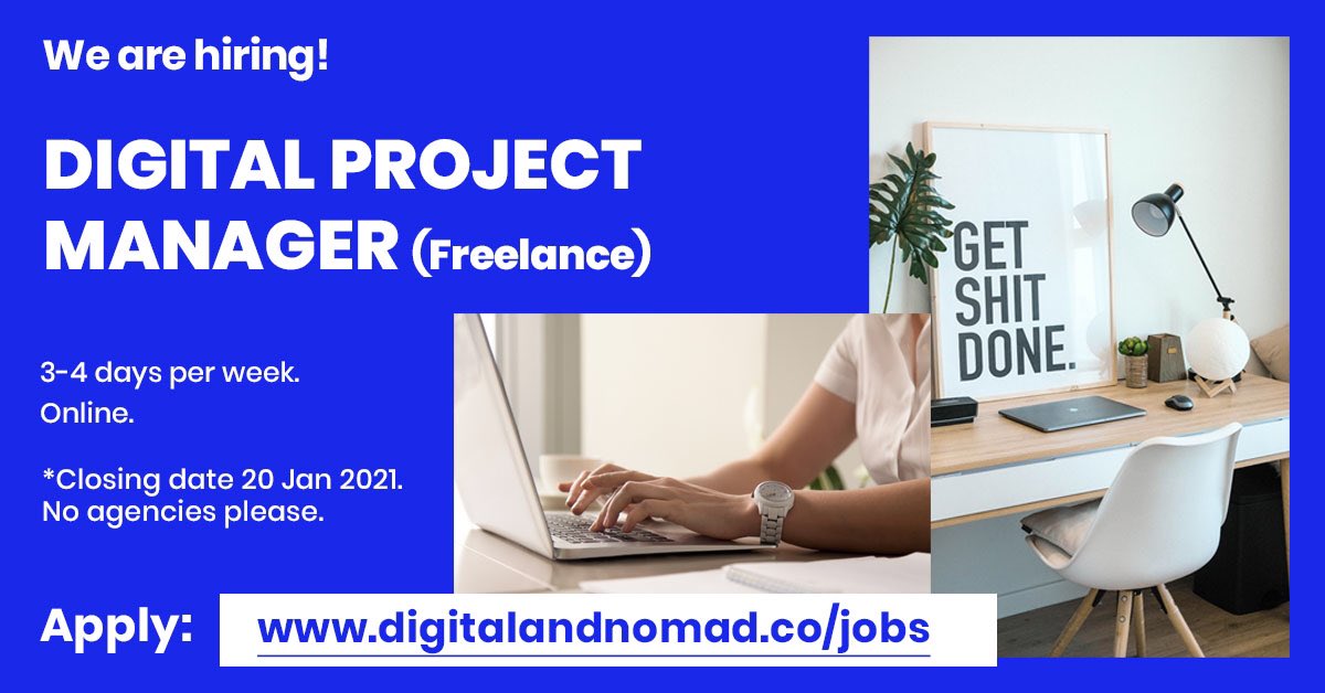 Join our team! We’re looking for a highly skilled freelance Digital Project Manager to drive projects to a successful end, with a solid experience and a passion for digital.

Apply: digitalandnomad.co/jobs

#digitalprojectmanager #digitaljobs #digitalandnomad #jobs