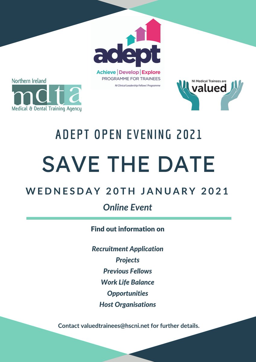 Interested in gaining clinical leadership and management skills in 2021? Join us at the #ADEPT Open Evening on 20th Jan to find out what this great programme has to offer. Book your place at nimdta.gov.uk/adept/ #ValuedTrainees #VALUEDNI #NIMedEd #MedTwitter