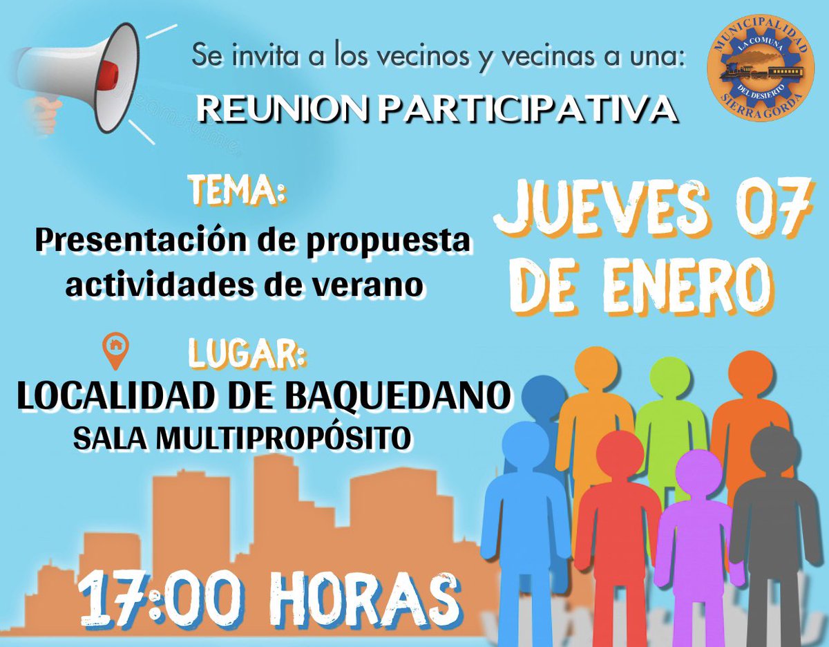 MuniSierraGorda's tweet photo. Se invita a nuestros vecin@s a una Reunión Participativa de presentación de propuestas para actividades de verano 2021. Este jueves 07 en Localidad de #Baquedano y viernes 08 en localidad de #SierraGorda, desde las 17:00 horas. https://t.co/VFxcKJFGzt