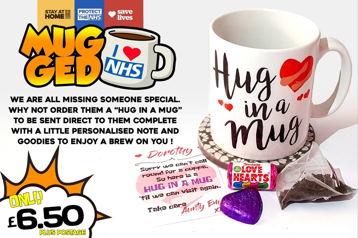 MuggedPrint's tweet photo. Why don't you send someone you are missing a "Hug in a Mug". A mug with a personalised note letting them know who is thinking of them along with chocolate heart, Love Heart sweets and a TeaPigs teabag for a brew on you. Just £6.50 (Plus postage if required, £3.50) https://t.co/oAF3ZaXiEk
