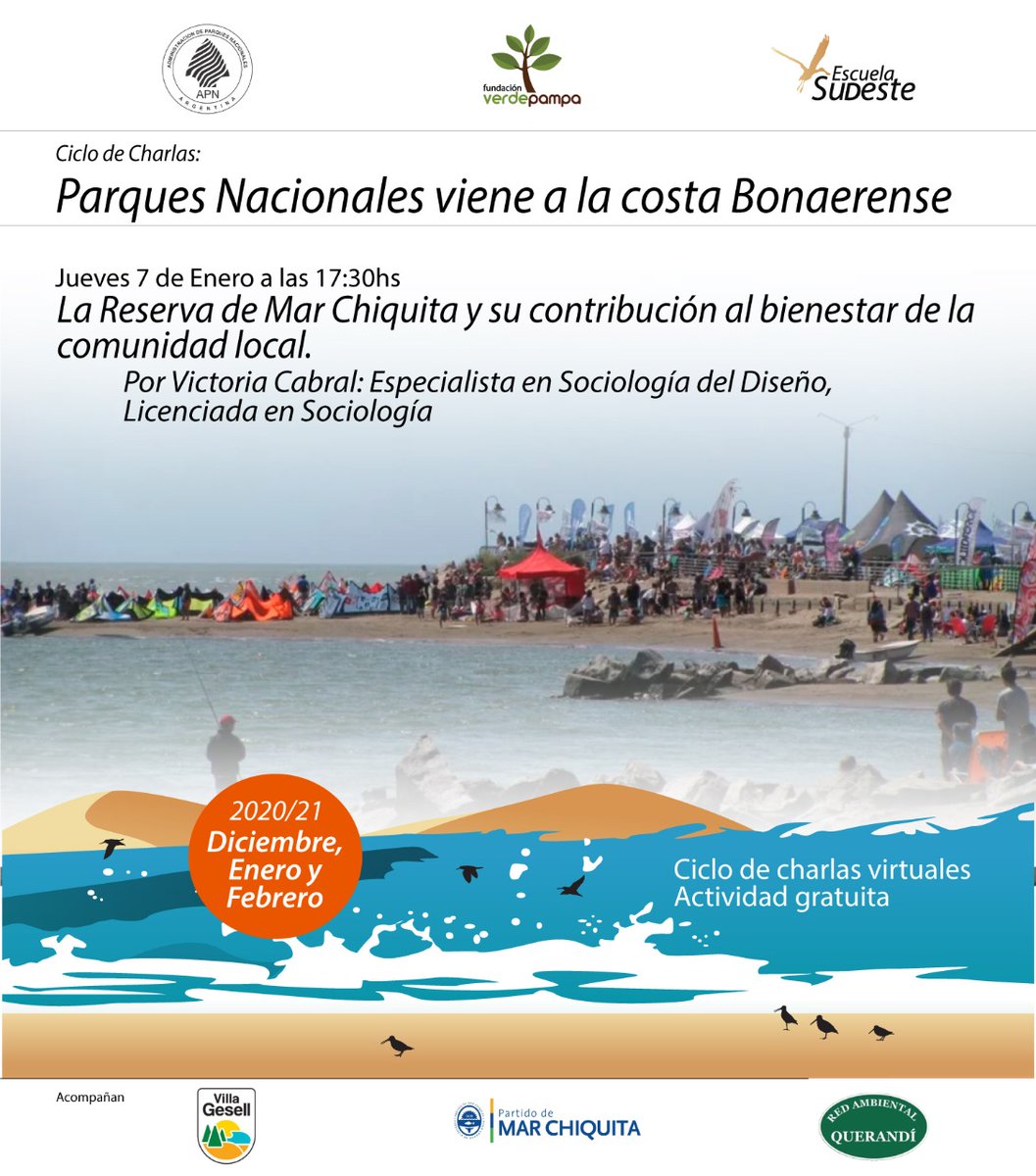 En el Marco del ciclo de charlas virtuales de verano, la Lic. Victoria Cabral brindará una exposición sobre los valores de conservación y las problemáticas de la zona costera y marítima de Mar Chiquita. 
⏲️Jueves 7 de Enero a las 17:30hs
<a href="/ParquesOficial/">Parques Nacionales Argentina</a> , fundación #VerdePampa