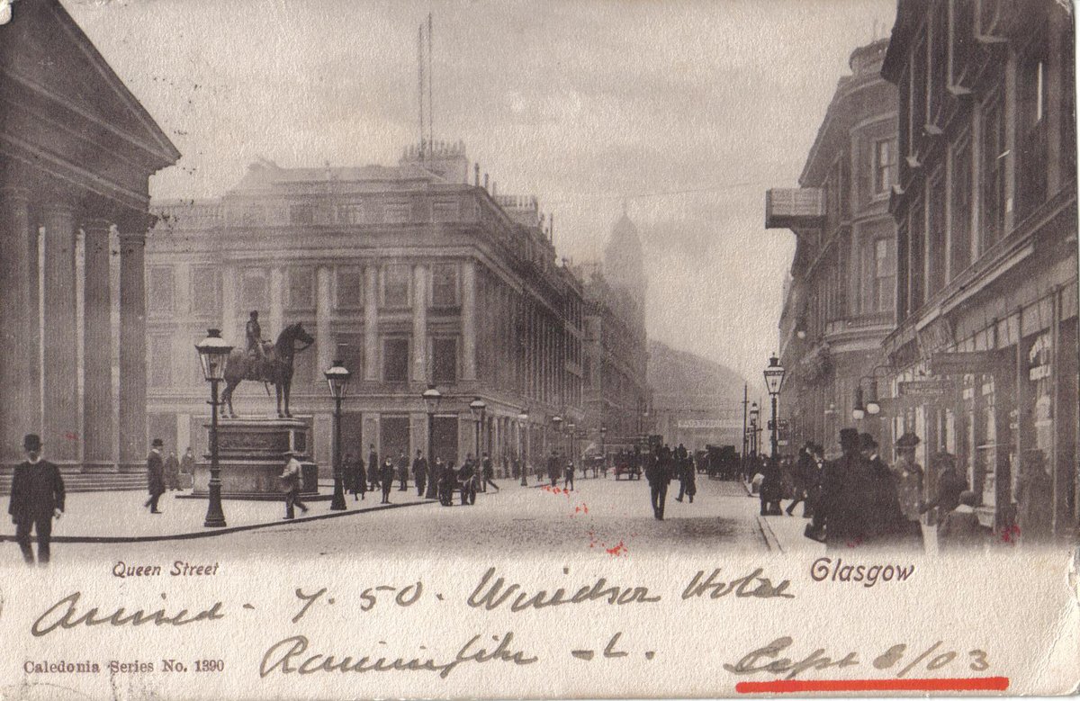 PastGlasgow's tweet photo. An evocative look up Queen St towards the station, late c19th. What's going on on the 2nd floor of the British Linen Bank on the right? 🤔

Postcard:  My own https://t.co/bymZ7HFNTn