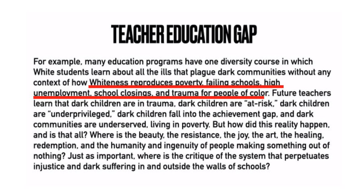 During the presentation, Love argued that “Whiteness reproduces poverty, failing schools, high unemployment, school closings, and trauma for people of color.” She insisted that “white educators must take responsibility” because they uphold “white supremacy culture.”