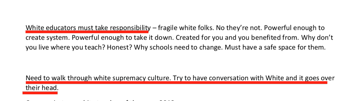 During the presentation, Love argued that “Whiteness reproduces poverty, failing schools, high unemployment, school closings, and trauma for people of color.” She insisted that “white educators must take responsibility” because they uphold “white supremacy culture.”