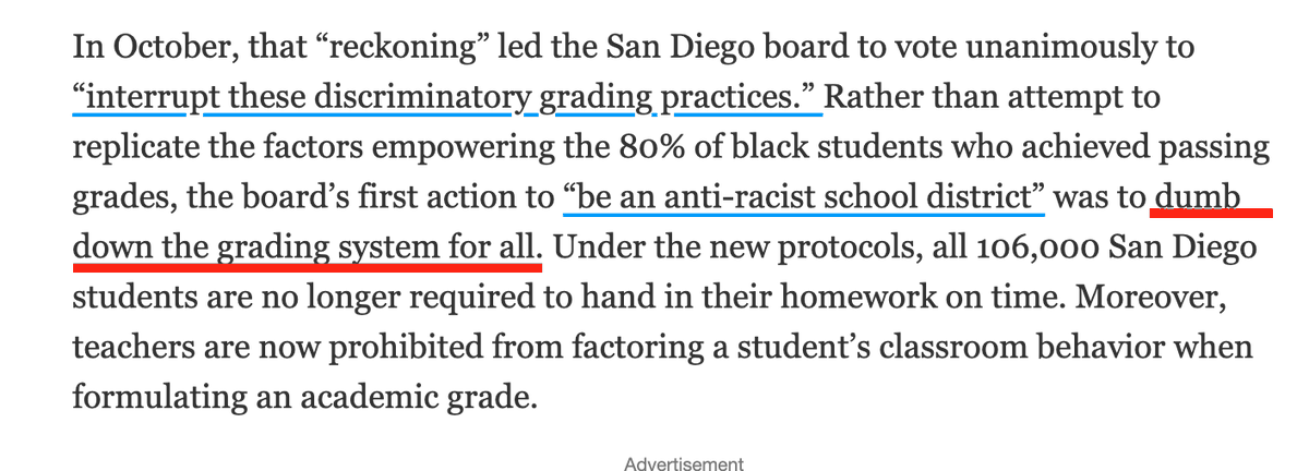 Unfortunately, these policies will ultimately harm all students, including minorities. As charter school leader  @IanVRowe argues, the district's policies are a “modern day version of the soft bigotry of low expectations” that will “dumb down the grading system for all.”