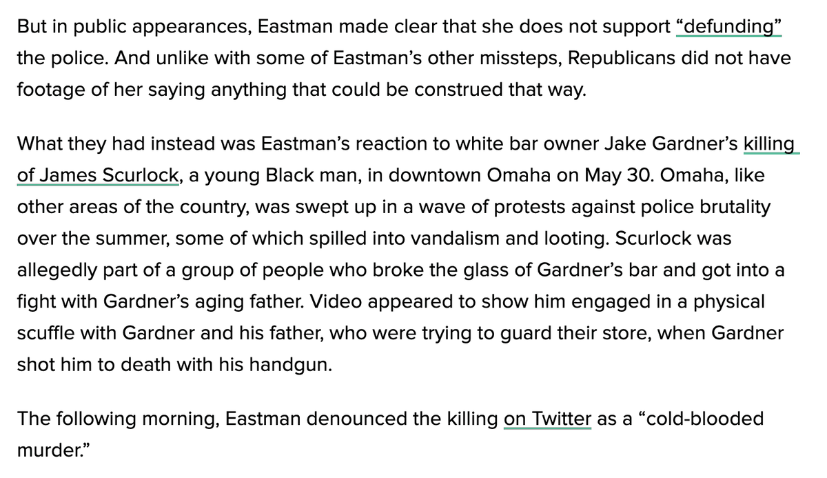 Kara Eastman had her own policing-related political dustup when she broke with the Democratic prosecutor over a white bar owner's killing of an alleged Black looter:  https://www.huffpost.com/entry/kara-eastman-loss-progressives-republican-house-seat-nebraska_n_5fd507e5c5b663c37596ff87