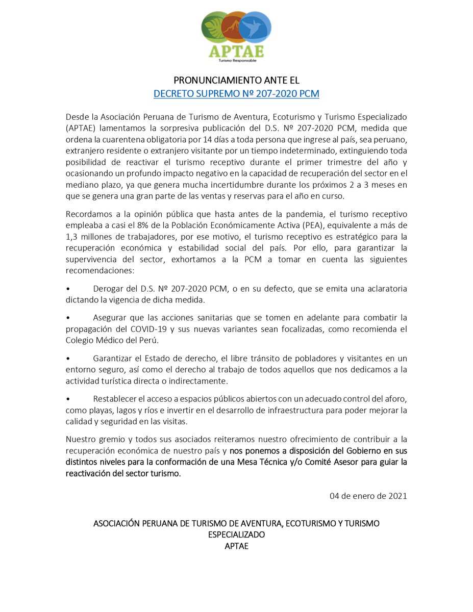 Medidas tomadas por el gobierno peruano que afectan a nuestro sector, esperemos las autoridades hagan algo al respecto, exigimos que el gobierno y la ministra de turismo tome cartas en el asunto <a href="/presidenciaperu/">Presidencia del Perú 🇵🇪</a> <a href="/pcmperu/">Consejo de Ministros</a> <a href="/minsaperu/">Ministerio de Salud</a> <a href="/MINCETUR/">MINCETUR 🇵🇪</a>