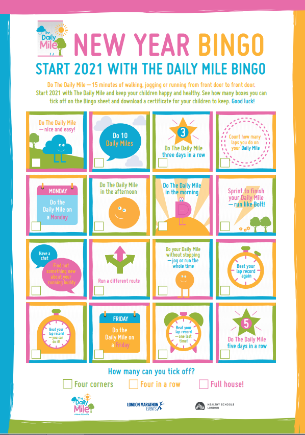 _thedailymile's tweet image. Happy New Year! We are thrilled to introduce The #DailyMile New Year Bingo with @LondonMarathon. A positive way to start 2021 and a fantastic opportunity to keep children happy and healthy🏃‍♂️🚶‍♀️💫

Download the Bingo card and show us how many you can tick off ✅