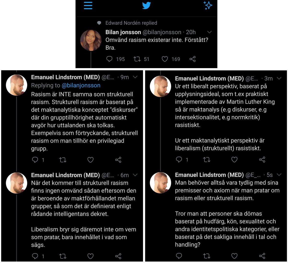 E_Lindstrom_'s tweet photo. @bilanjonsson säger sig vara liberal, men ställer sig ändå bakom idén om strukturell rasism, en väldigt oliberal idé.

Hon, distriktsordförande för CUF Västerbotten får svar från mig, distriktsordförande för MED Väst, varför idén om strukturell rasism är oliberal &amp; anti-liberal. https://t.co/aYvgWfTd9R