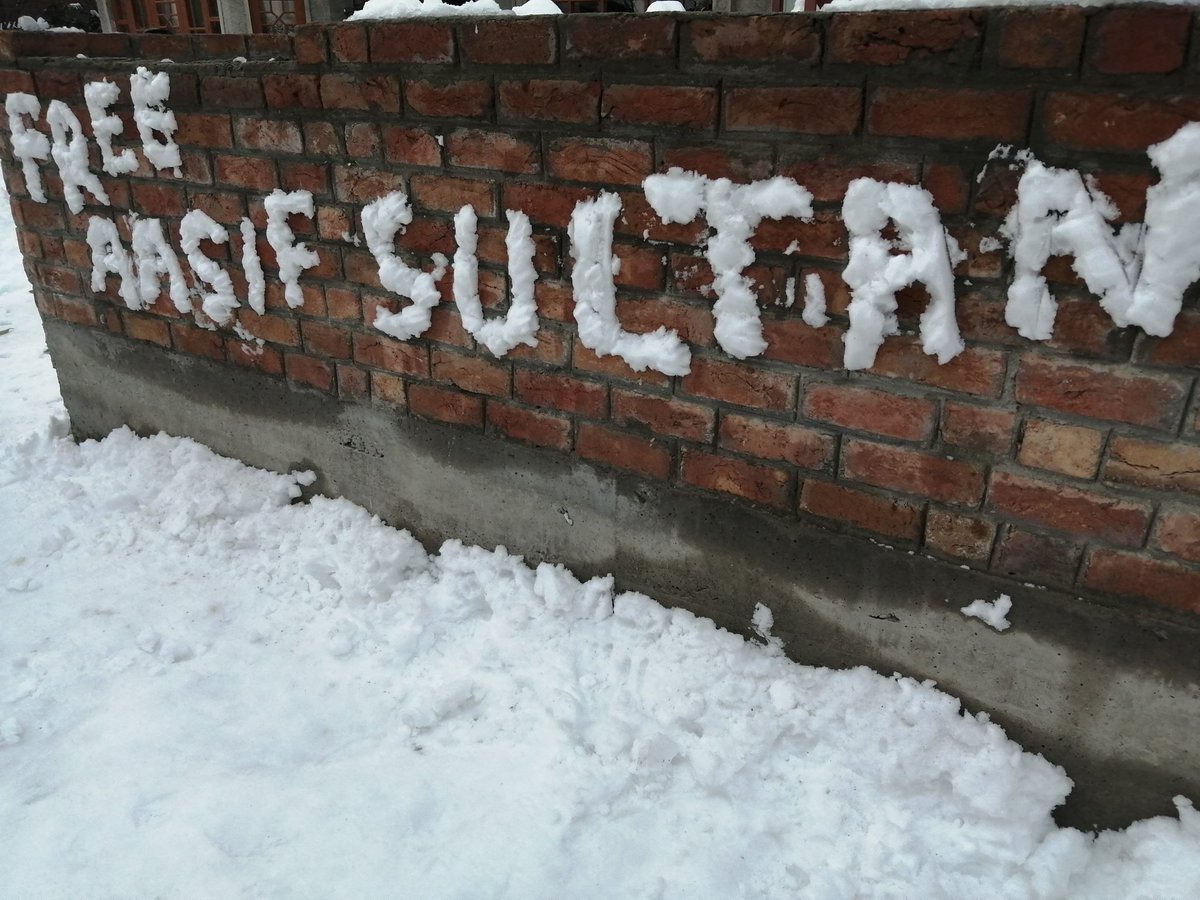 As Kashmir continues to be covered in a thick blanket of snow and misery, there rise on its walls powerful words of solidarity and determination. This heart-warming graffiti was spotted in Srinagar today. Where people are forced into silence, the walls scream. #FreeAasifSultan
