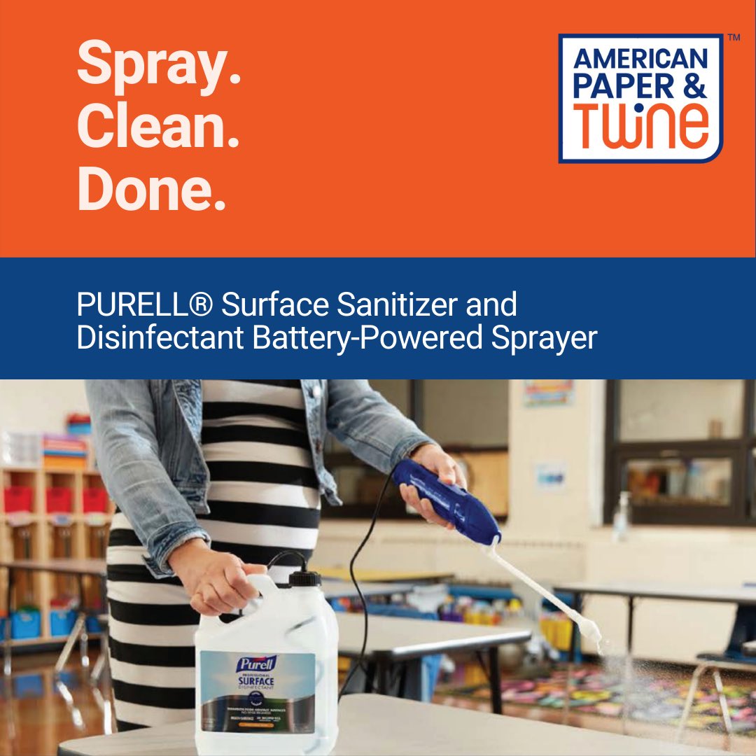 shopapt's tweet photo. Spray. Clean. Done. To easily #disinfect large surfaces, use the PURELL®
Surface Sanitizer and Disinfectant Battery-Powered Sprayer! Easy to clean, easy to store & kills the coronavirus & other germs in under 60 seconds. #ItsTwineTime #JustAskForItWeHaveIt #APandT #Disinfect https://t.co/3Yltydahac