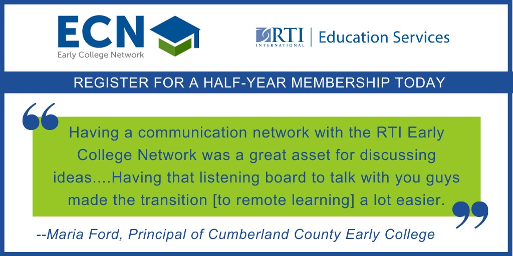 stacycostello's tweet photo. Through collaboration and peer-learning, the Early College Network (ECN) helps Early Colleges meet the goal of ensuring student success. Register today for the ECN Half-Year Membership for virtual networking, interactive sessions, and more: https://t.co/G6U9rHiHmY #RTI_EdNetwork https://t.co/o0cmeKBKPh