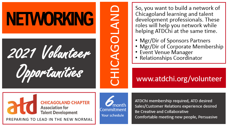rethinkLnD's tweet photo. Looking to make connections in the Chicagoland L&amp;D world?  Why not do it while helping ATDChi - Association for Talent Development, Chicagoland Chapter as a volunteer in one of these roles? To learn more go to https://t.co/8kwfGZc48f

#ATDChi https://t.co/tJIdsbhdQJ