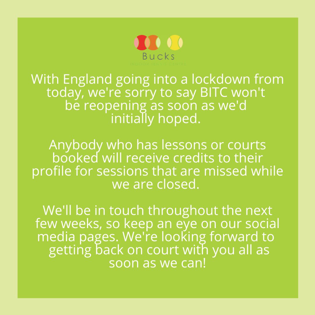 Bucks_IndoorTC's tweet photo. With England in a third lockdown, here's an update from us 🎾

Thank you again for all your support! https://t.co/vpzRRWSlbs