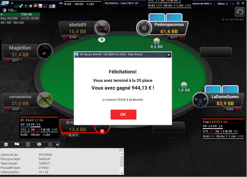 Bon peut être qu'on ferme le shop mais on arrête pas le poker !
Yo le co-fondateur de la marque s'est régalé hier soir sur le High Roller à 250€ de PMU. 🥳

Après avoir chatté son ticket pour 3€ il a réussi à atteindre la 35eme place du tournoi pour 944€ ! 🤑

GG à lui ! 👏