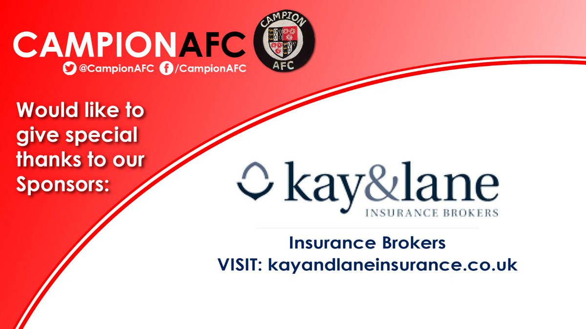 🗣| Sponsor shoutout

Second up today is the brilliant <a href="/KayandLane/">Kay & Lane Insurance</a> who have continued to show their great support from season to season. Please show them the same. Thank you guys

Check them out at kayandlaneinsurance.co.uk

🔴⚫#CampionFamily🔴⚫