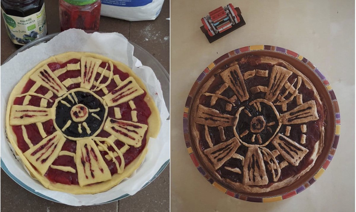  #GreatPhysicsBakeOffMore π! This is  @MTornago’s version of  @CMSexperiment  @CERN! “Different flavours of jam represent ECAL and the muon detector. The tracker, magnet and steel yokes are made with pastry. You can see the cake before and after irradiation!” #InspiringScience