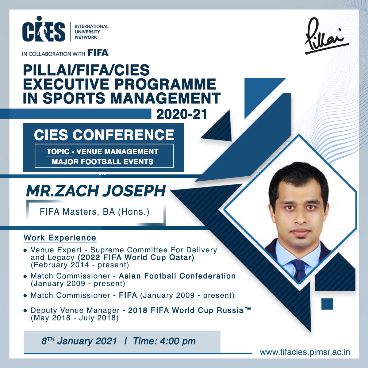 We are privileged to have
 Mr. Zach Joseph, Venue Expert – 2022 FIFA World Cup Qatar, as an expert speaker for the 2nd Block of the #FifaCiesIndia Executive Programme in Sports Management. The session will take place on the 8th of Jan at 4 pm.

#fifacies #fifaworldcup