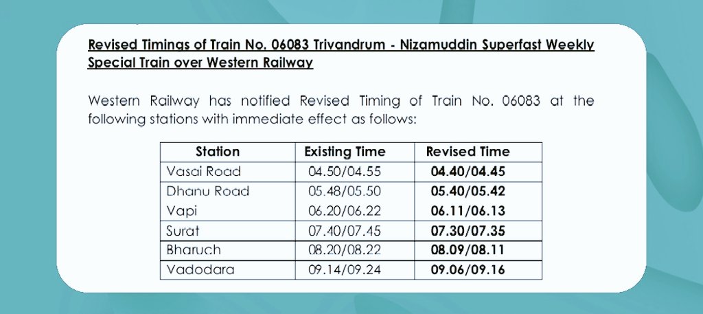 GMSRailway's tweet photo. Revision in train timings @WesternRly https://t.co/VT8JCRPeVr