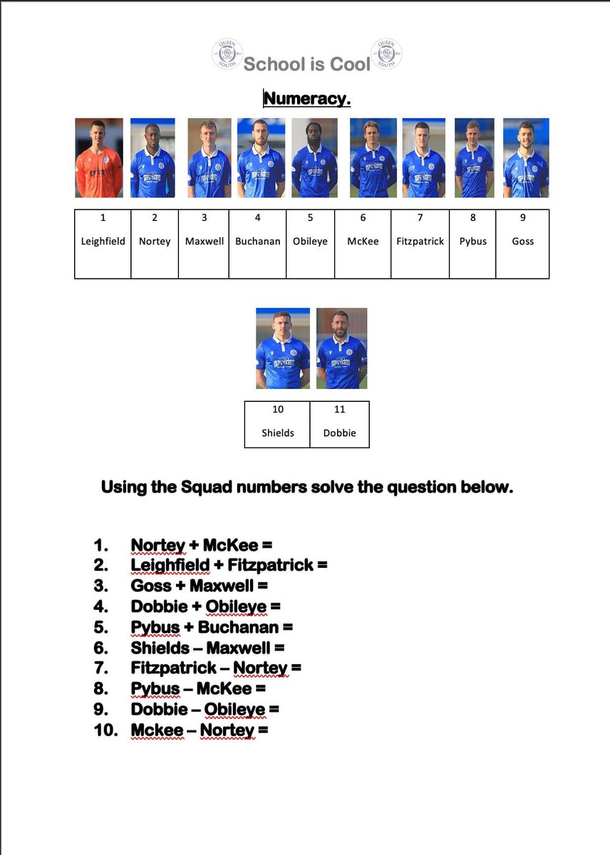 Queen Of The South School Is Cool Maths Today We Have Addition Subtraction And Times Tables Can You Find The Player And Their Number To Solve The Questions Do
