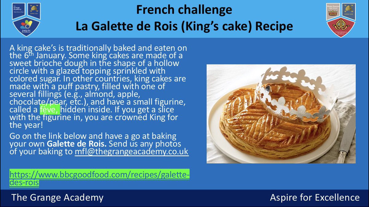 grange_mfl's tweet photo. French challenge! Have a go at baking your own traditional “Galette des Rois”. The link is https://t.co/CiyqH1FHaB #kingscake #galettedesrois👑 #frenchchallenge #homelearning #smsc https://t.co/46SlihY8WF